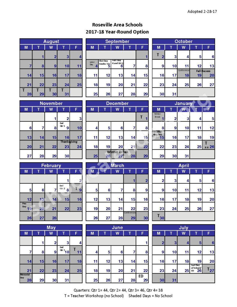 2017 2018 School Calendar Roseville Public School District 