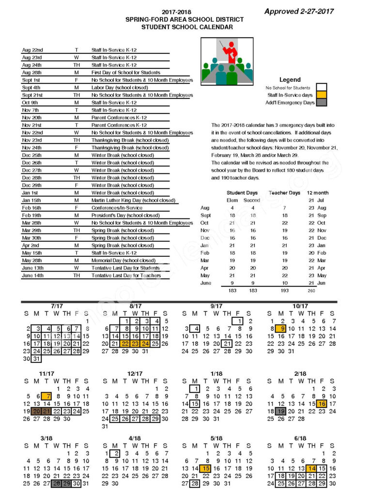 2017 2018 School Calendar Spring Ford Area School District 