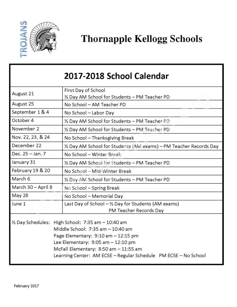 2017 2018 School Calendar Thornapple Kellogg School District 