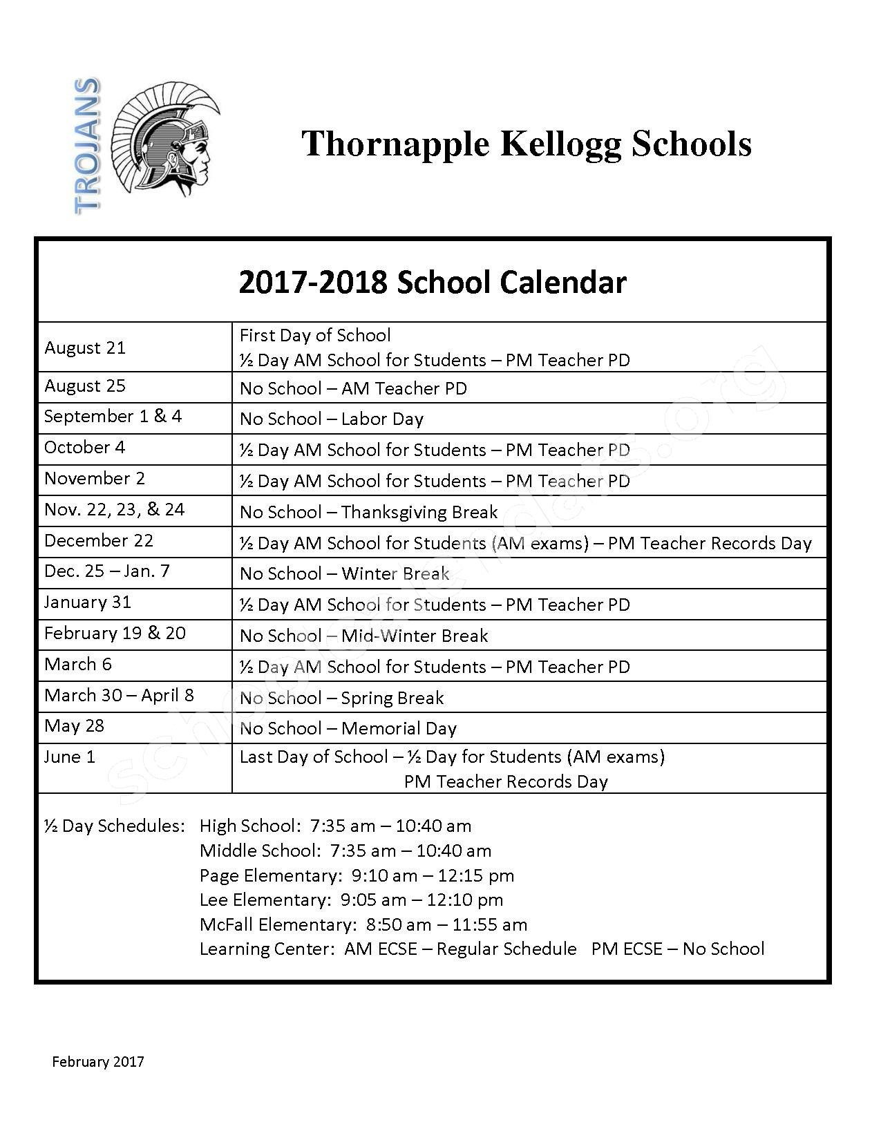 2017 2018 School Calendar Thornapple Kellogg School District