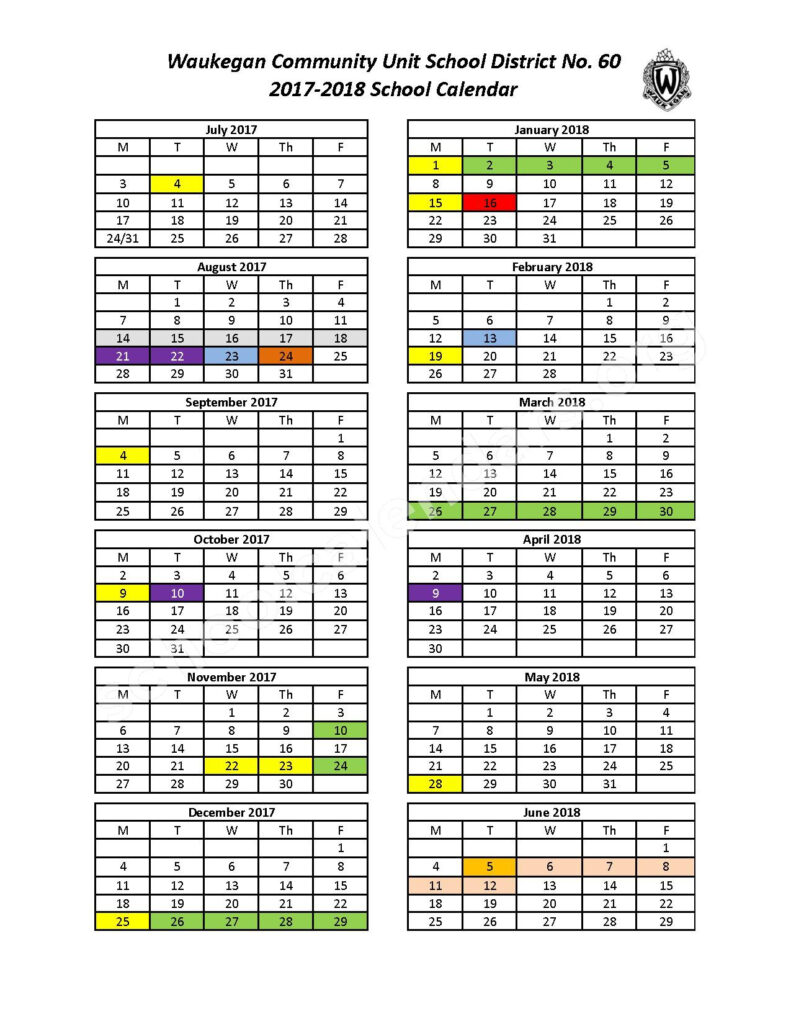 2017 2018 School Calendar Waukegan Community Unit School District 