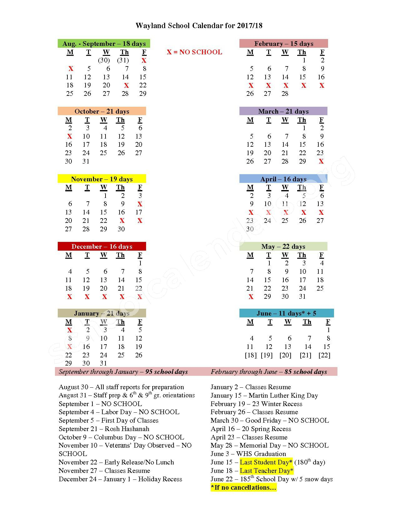 2017 2018 School Calendar Wayland Public Schools Wayland MA