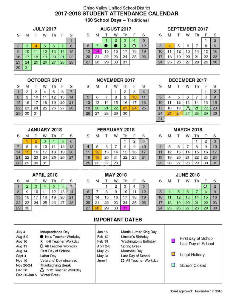 2017 2018 Student Attendance Calendar Chino Valley Unified School 