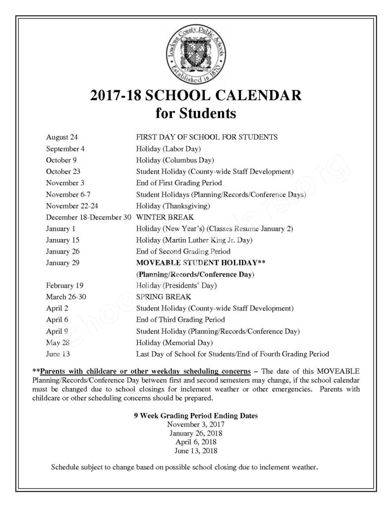 2017 2018 Student Calendar Loudoun County Public Schools Ashburn VA