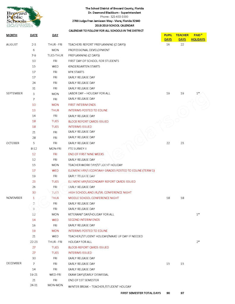 2018 2019 District Calendar Brevard County Public Schools Viera FL