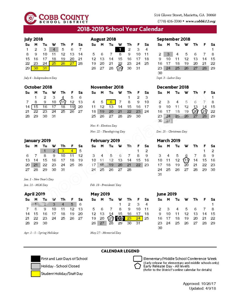 2018 2019 District Calendar Cobb County School District Marietta GA