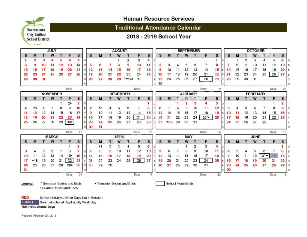 2018 2019 District Calendar Sacramento City Unified School District 