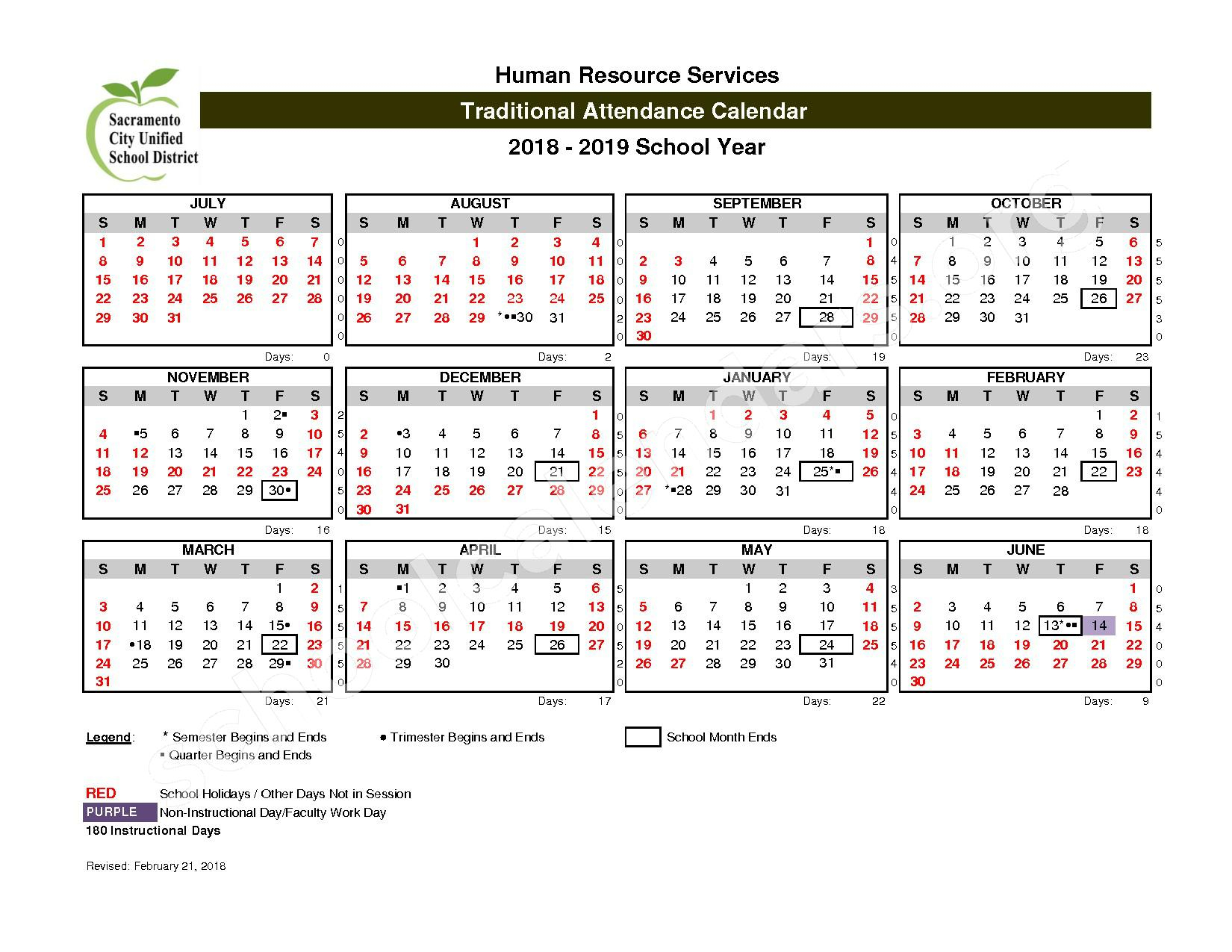 2018 2019 District Calendar Sacramento City Unified School District