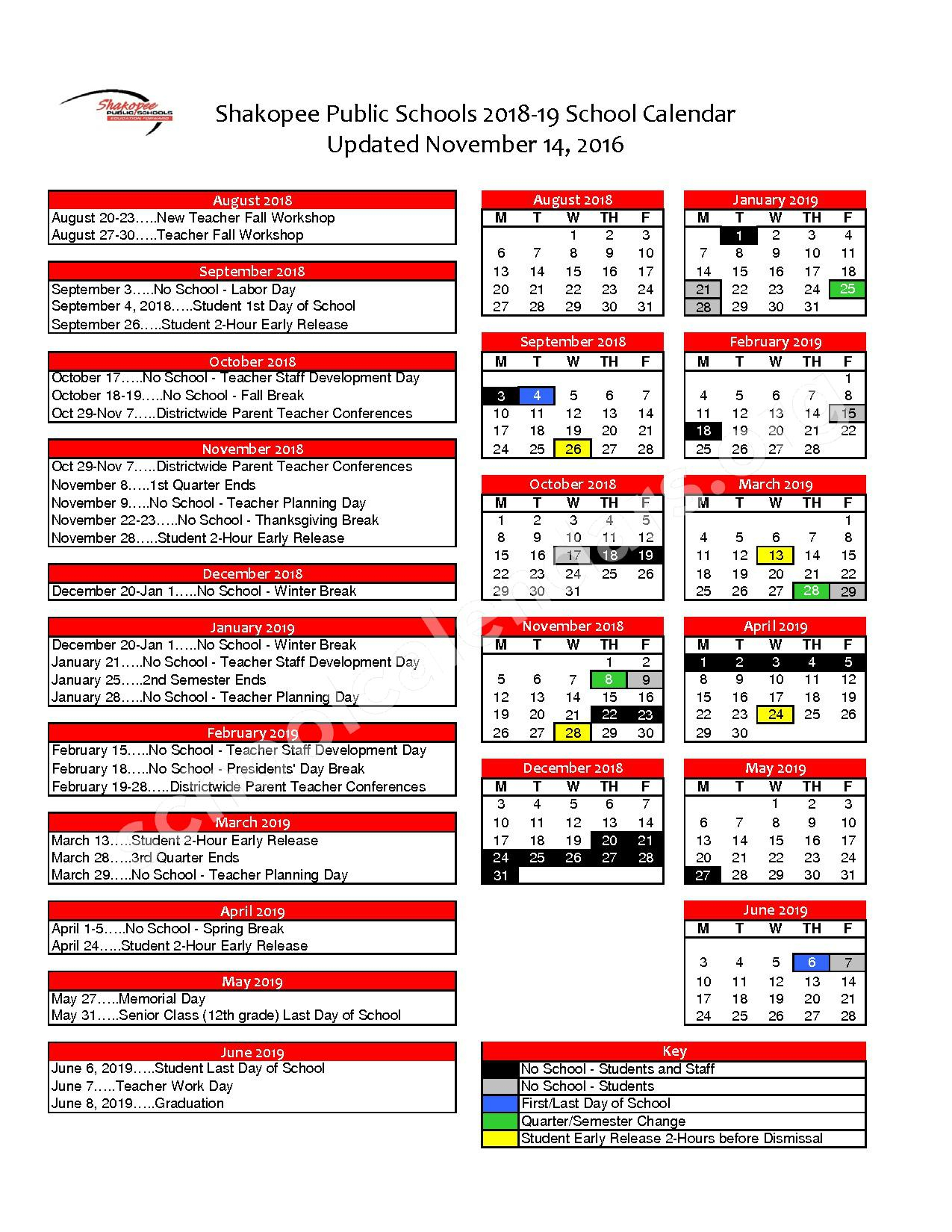 2018 2019 District Calendar Shakopee Public School District