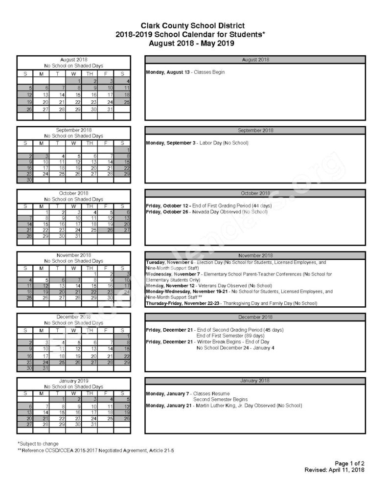 2018 2019 School Calendar For Students Clark County School District 