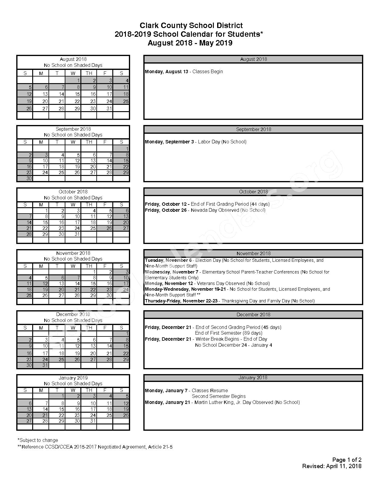 2018 2019 School Calendar For Students Clark County School District