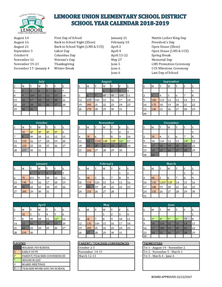 2018 2019 School Calendar Lemoore Union Elementary School District