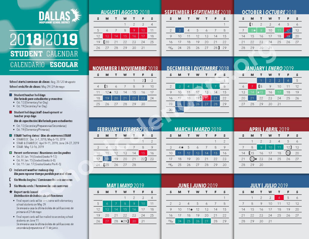 2018 2019 Student Calendar Dallas Independent School District 
