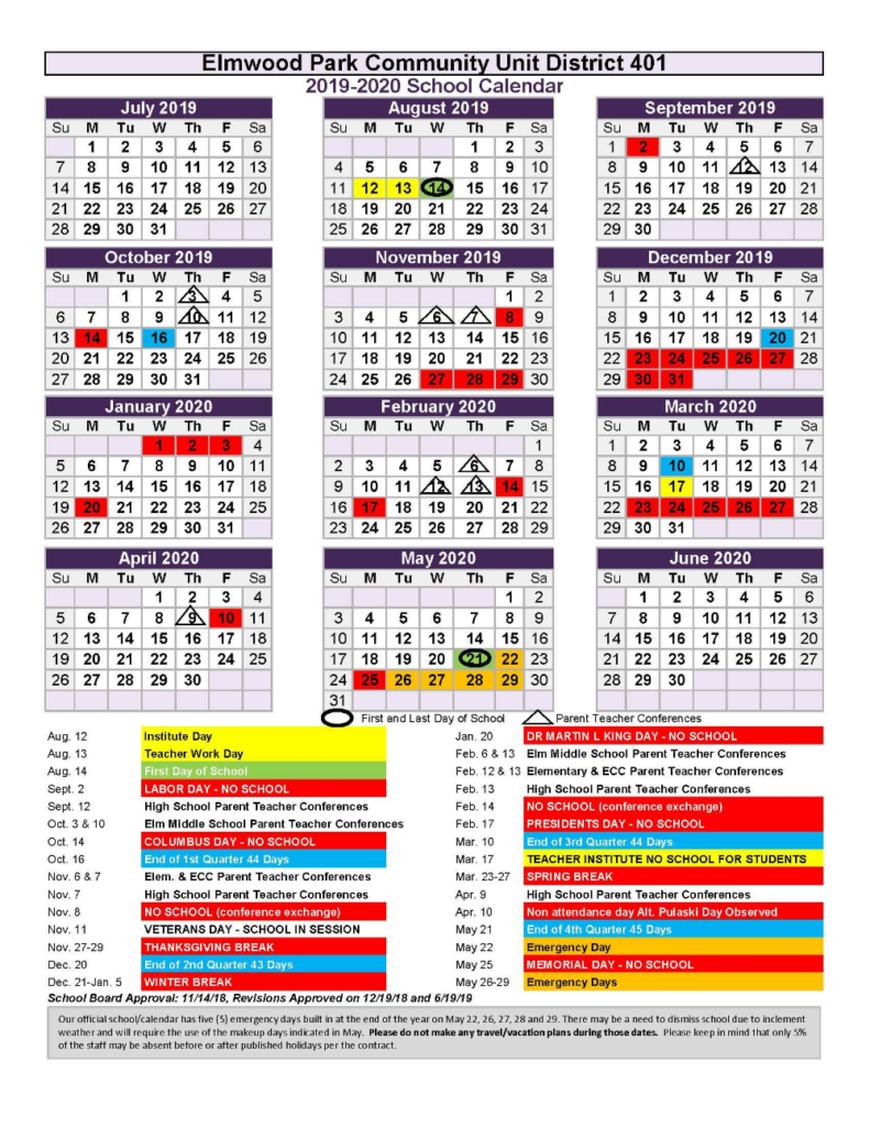2019 20 District School Year Elmwood EPCUSD 401 Calendars 