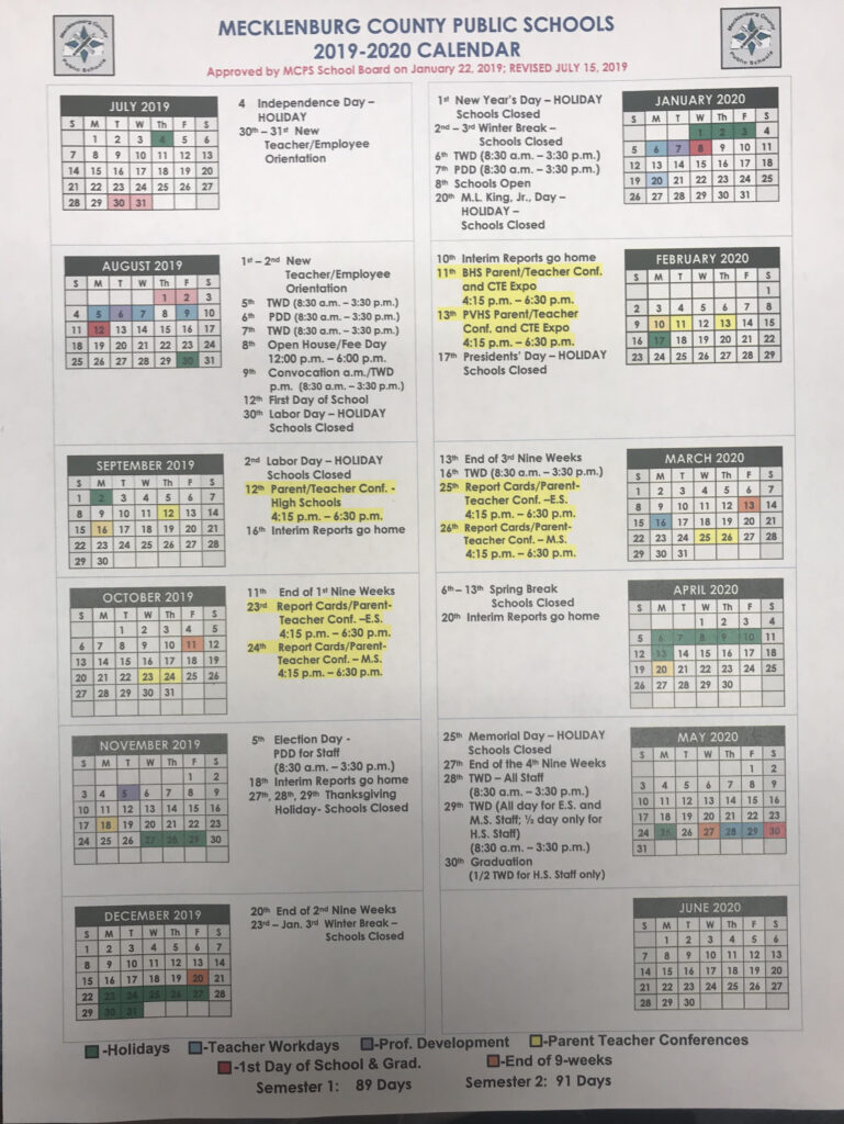 2019 2020 Calendar Mecklenburg County Public Schools