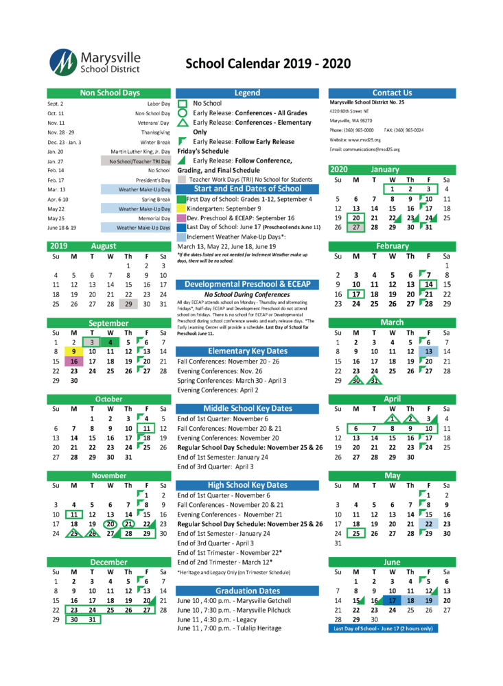 2019 2020 School Calendar And Bell Schedule Marysville School 