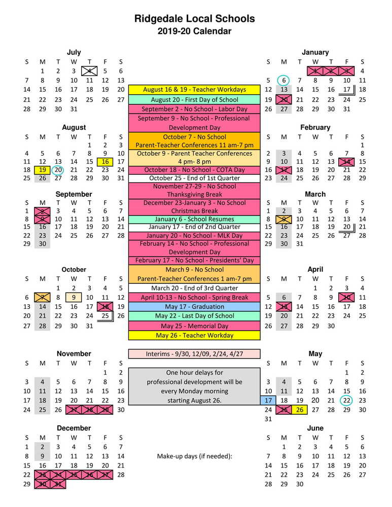 2019 2020 School Calendar Ridgedale Local School District