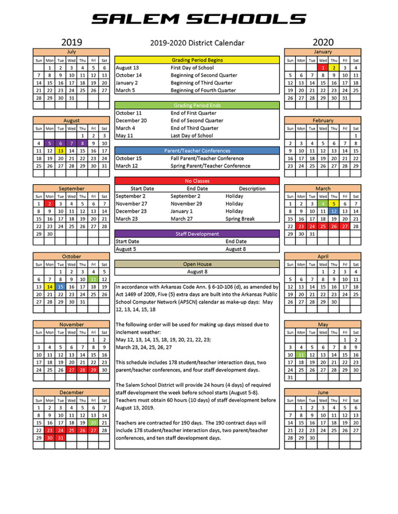 2019 2020 School Calendar Salem School District