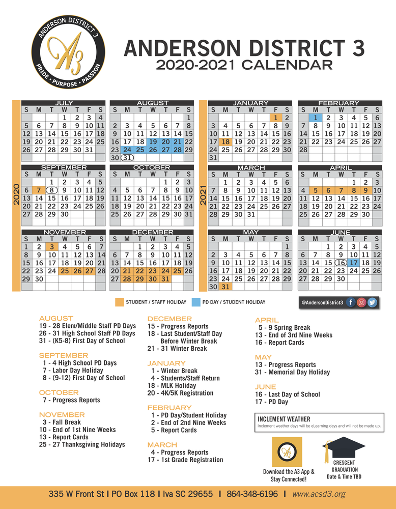 2020 2021 District Calendar Anderson School District 3