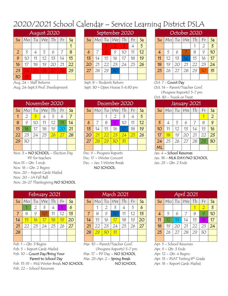 2020 21 District Calendar Staff Detroit Service Learning Academy