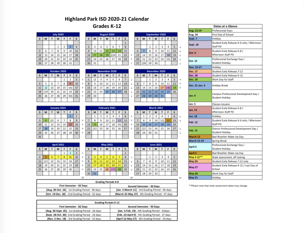 2020 21 HPISD Calendar Calendars Highland Park Independent School 