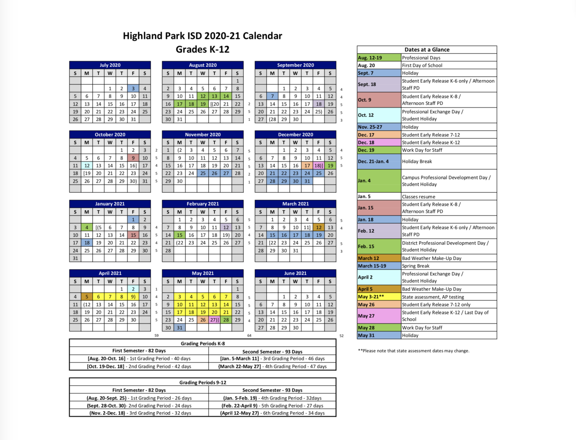 2020 21 HPISD Calendar Calendars Highland Park Independent School