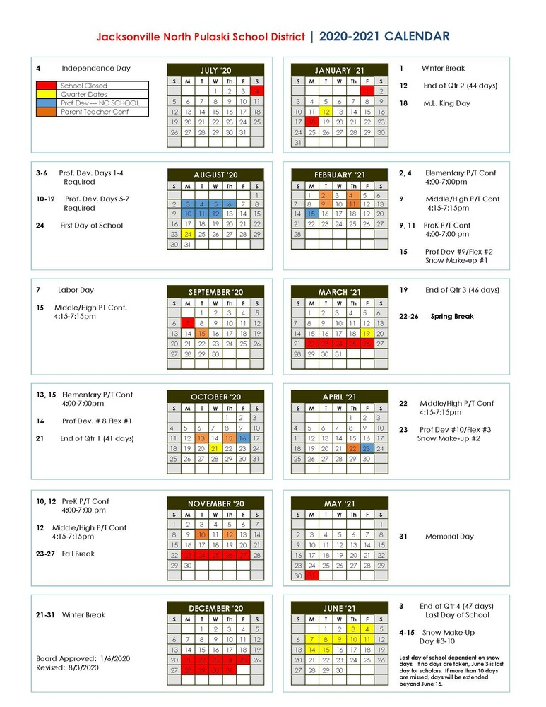 2020 21 School Calendar revised Jacksonville North Pulaski School 