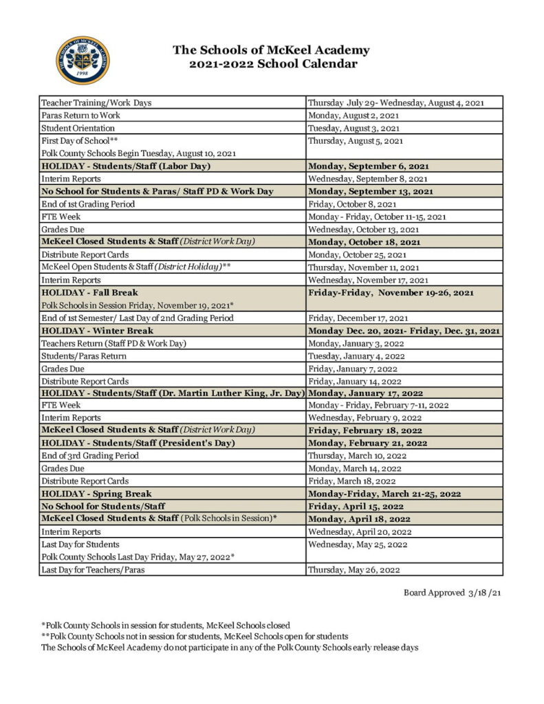 2021 2022 Polk County School Calendar Public Private Charter Schools