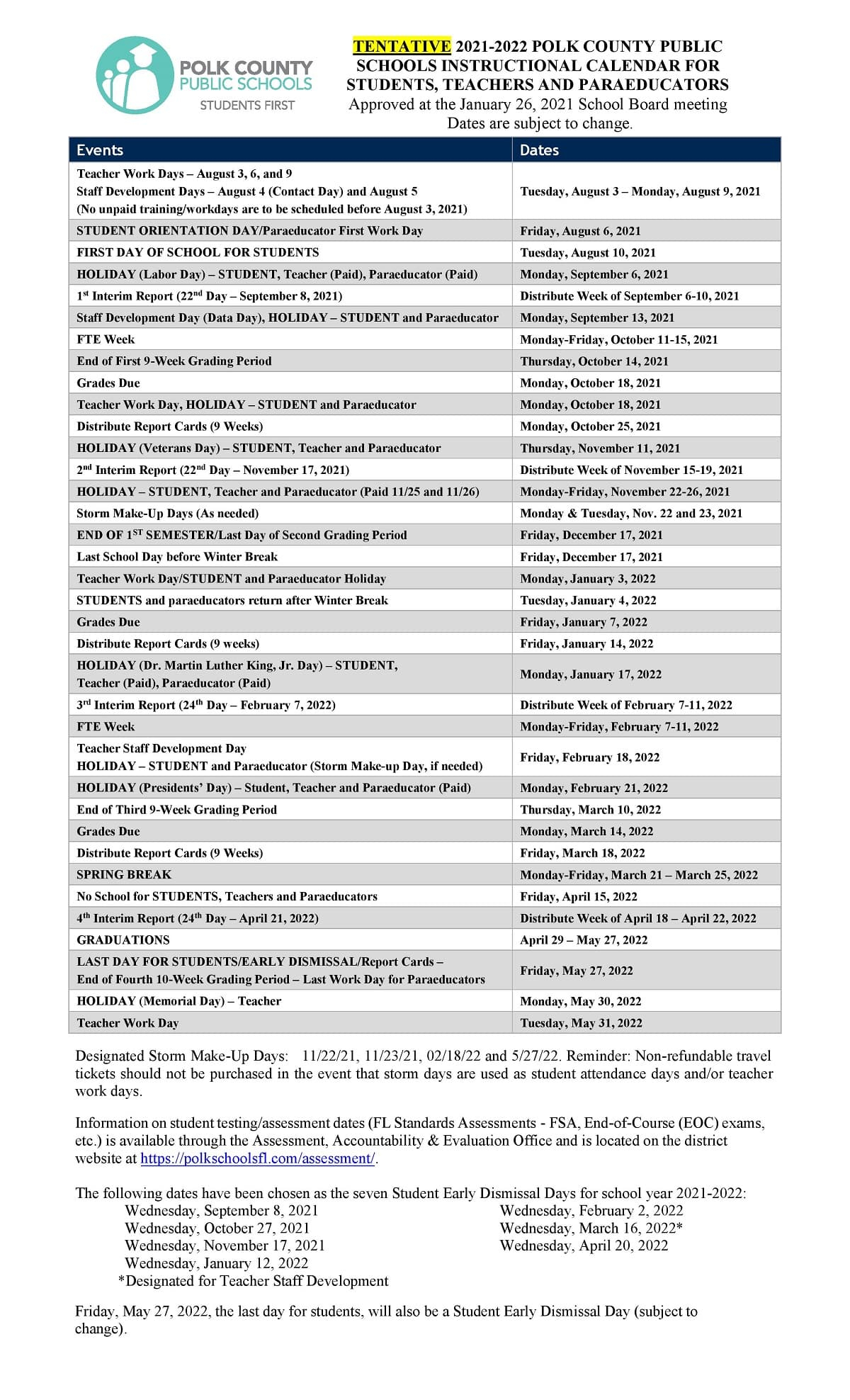 2021 2022 Polk County School Calendar Public Private Charter Schools