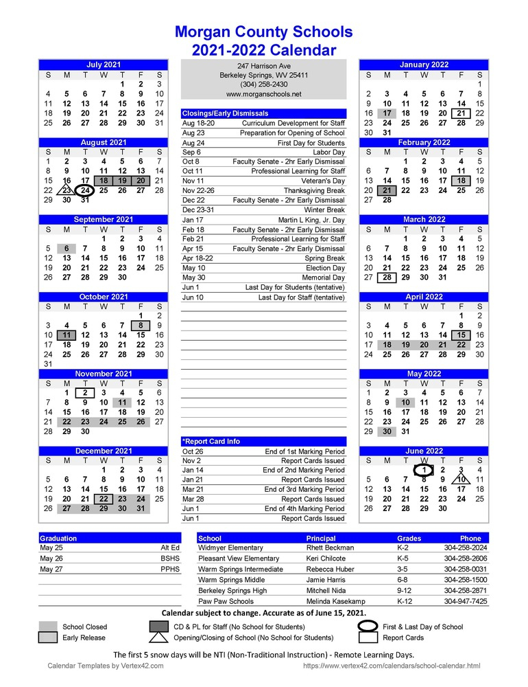 2021 2022 School Calendar Morgan County Schools