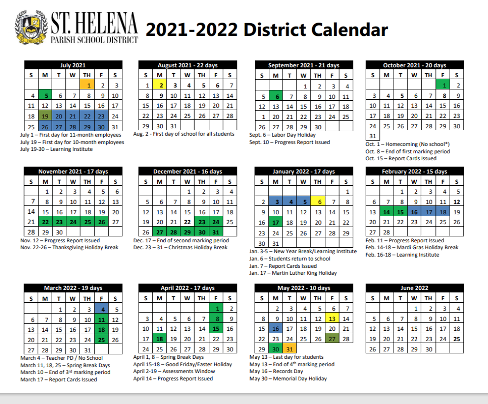 2021 2022 School Year Calendar Approved St Helena Parish School District