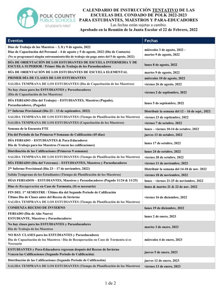 2022 2023 Polk County Schools Calendar Laurel Elementary