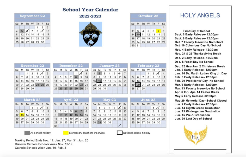 2022 2023 School Calendar And Important Dates Holy Angels Catholic 
