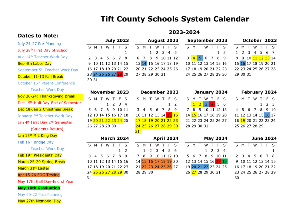 2023 2024 Calendar Approved By Board Of Education Tift County Schools