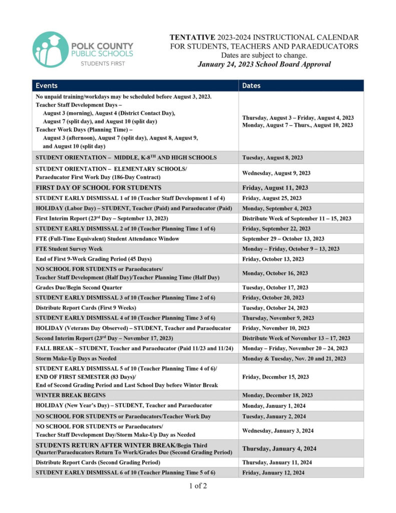 2023 2024 Polk County Schools Calendar Public Charter Private