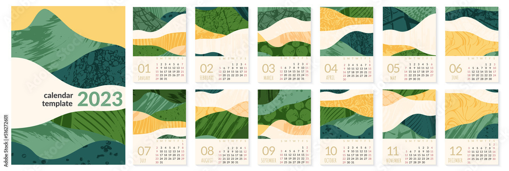 2023 Calendar Template With Abstract Green Nature Field Landscape 