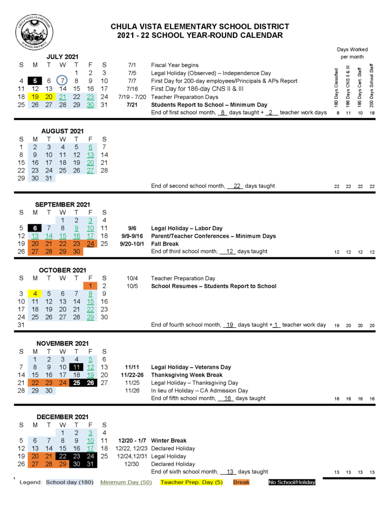 21 22 District Calendar Otay Elementary School