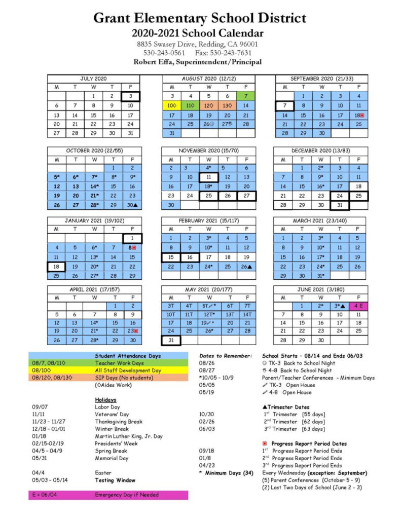 Academic Calendar 2020 2021 Grant School