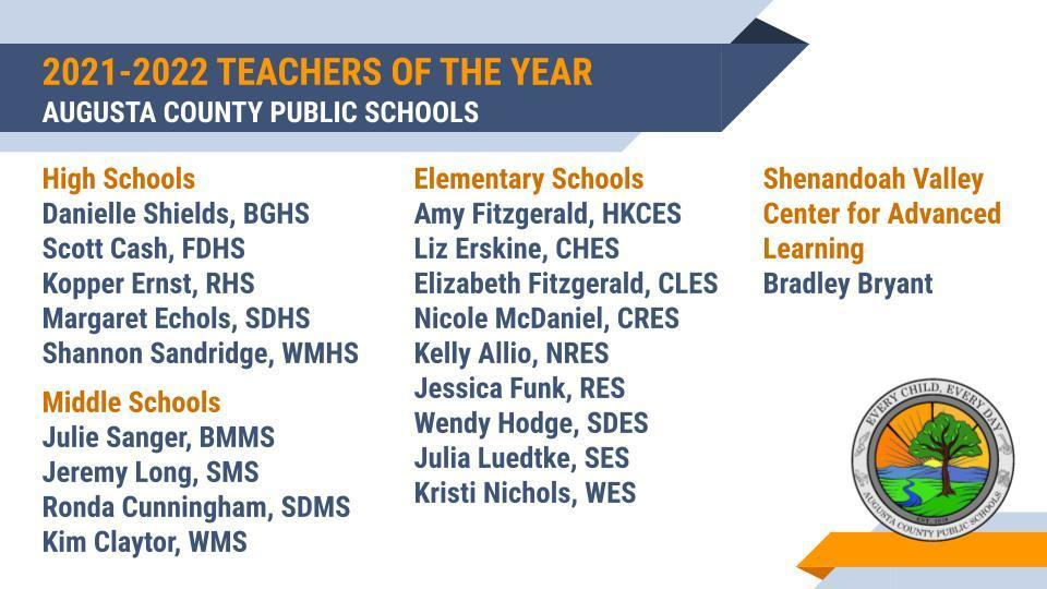 ACPS 2021 2022 Teachers Of The Year Augusta County Public Schools