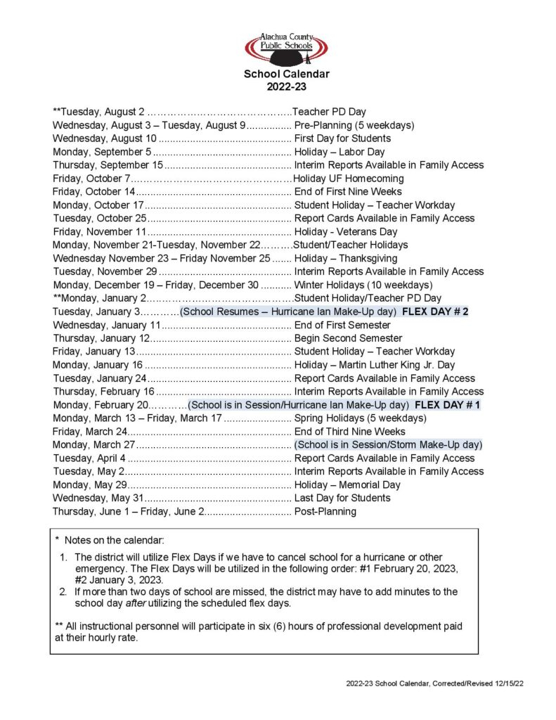 Alachua County Public Schools Calendar 2023 2024 Holidays 