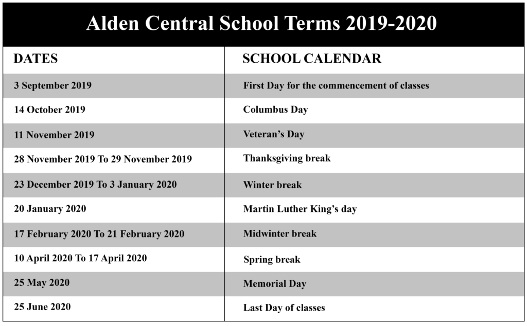 Alden Central School Terms 2019 2020 NYC School Calendar