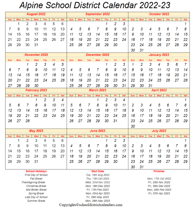 Alpine School District Calendar 2022 2023 With Holidays