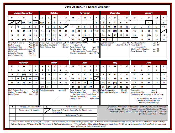 Approved 2019 20 MSAD 15 School Calendar MSAD15