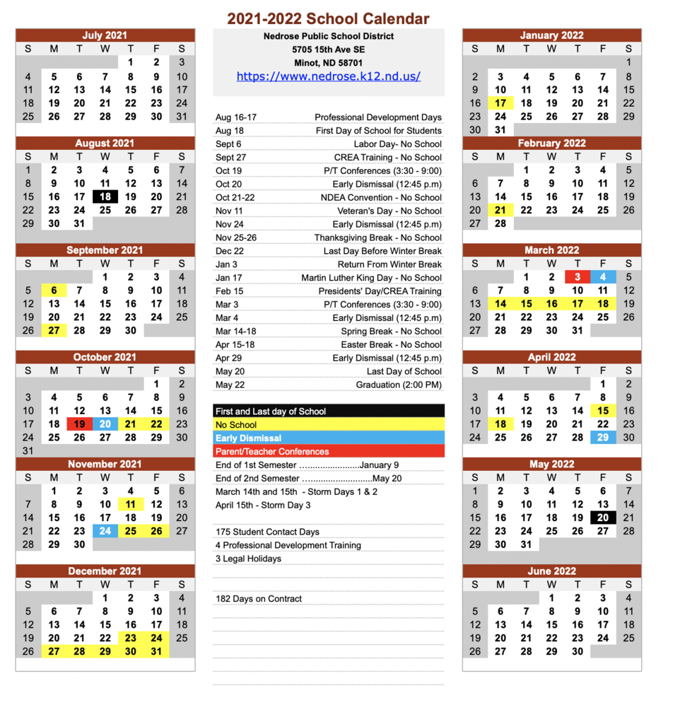 Approved 2021 2022 School Calendar Nedrose Public School