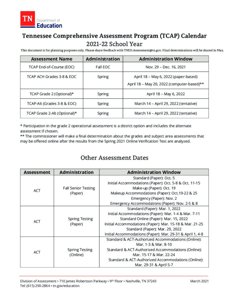 Assessment Calendar 2021 22 Hickman County Schools