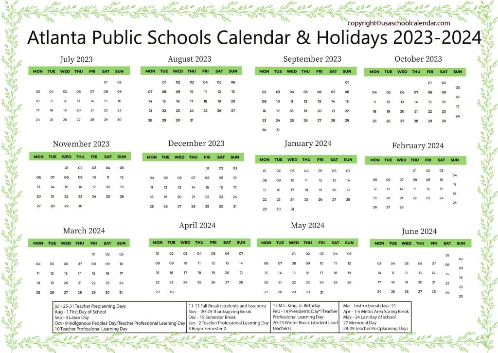 Atlanta Public Schools Calendar Holidays 2023 2024 APS 
