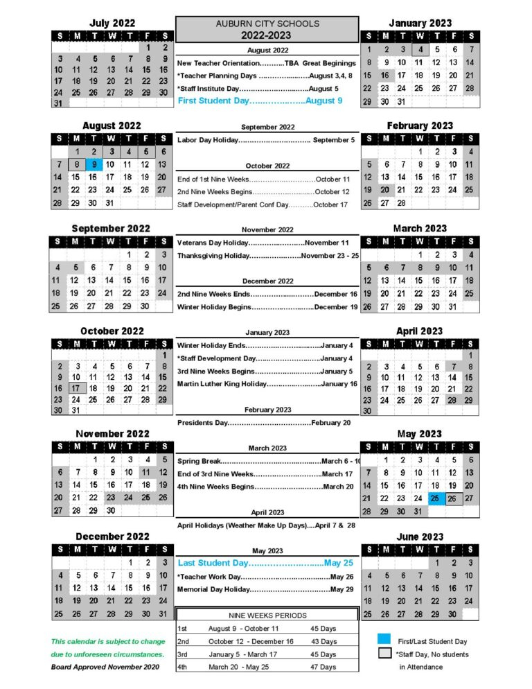 Auburn City Schools Calendar 2022 2023 In PDF Format