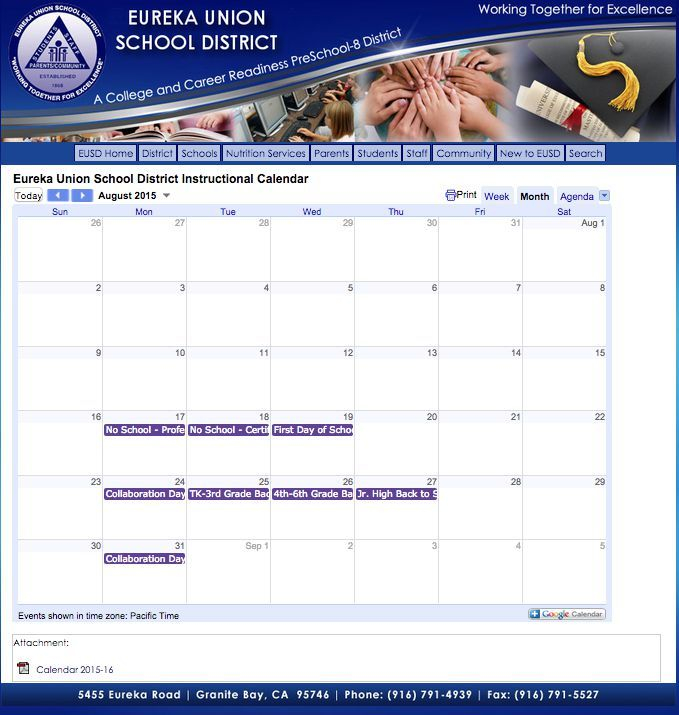 August 2015 Calendar For Eureka Union School District Granite Bay And 