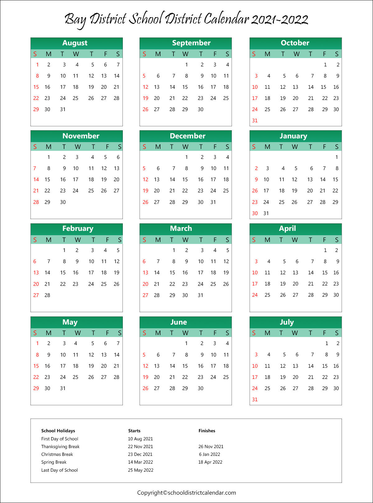 Bay District Schools Calendar Holidays 2021 2022