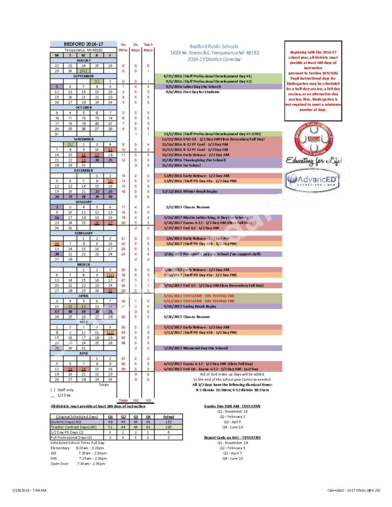 Bedford Public Schools Calendars Temperance MI